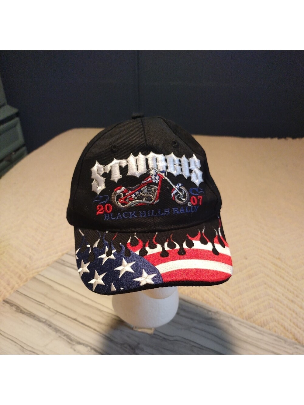 2007 Sturgis Black Hills Rally Motorcycle Adjustable Hat 67th American Flag